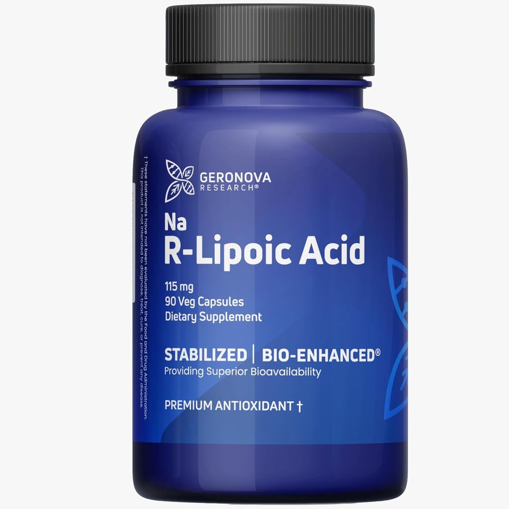 Geronova Research Bio-Enhanced R-Lipoic Acid, 115 mg Capsules - 3 maanden supply - Stabilized R Alpha Lipoic Acid with Enhanced Absorptie - R Lipoïnezuur Supplement - 90 Tel.