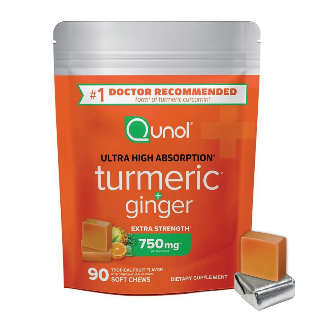 Qunol Kurkuma en Gember Zachte Kauwen, 750 mg Kurkuma supplement, Ultra Hoge Absorptie om Joint Health te ondersteunen, 90 Tellen