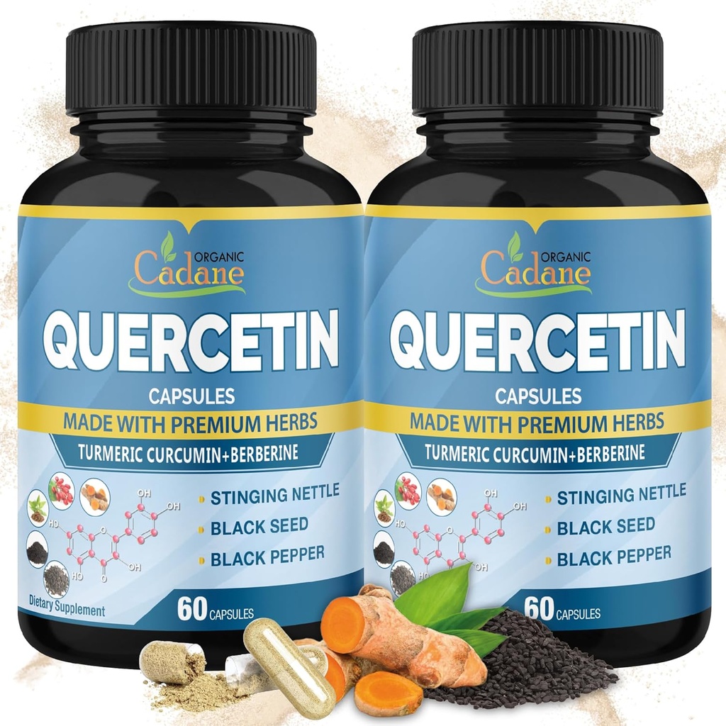 Biologische Cadane 2 Packs Quercetine Supplementen Capsules, 4 Maanden Levering met Kurkuma, Berberine, Nettle, Black Seed, Black Pepper - Ondersteunt Cardiovasculaire Gezondheid, Immuun Systeem