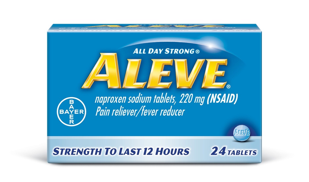 Tabletten met Naproxen natrium, 220 mg (NSAID) pijnreliver/koortsreducer, 24 telling, blauw