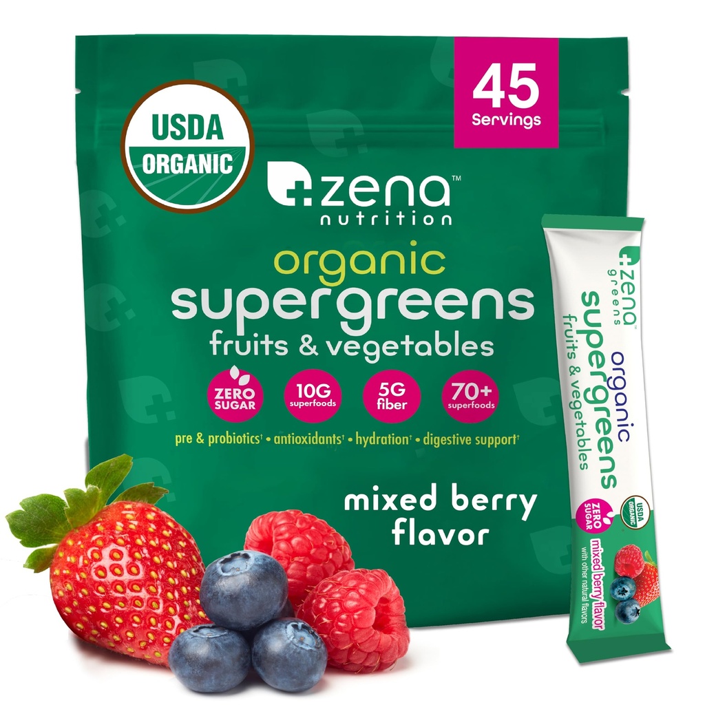 Zena Nutrition Organic Super Greens Powder, 70+ Superfoods, 0 Sugar, 5G Fiber, Spirulina, Chlorella, Antioxidanten, Prebiotica/Probiotica, Digestieve Enzymen, Mixed Berry, 45 Drink Mix Packets