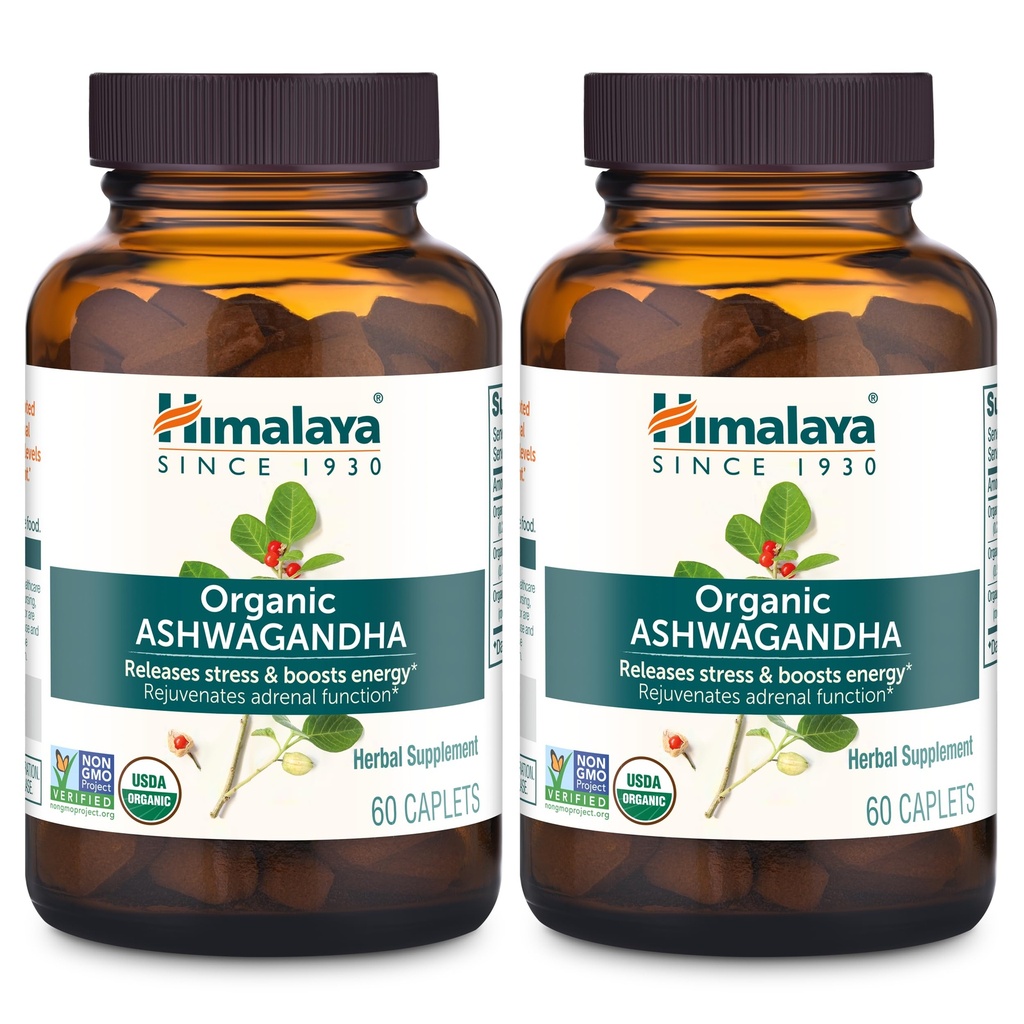 Himalaya Organic Ashwagandha, 120 Day Supply, Herbal Supplement for Stress Relief, Energy Support, Occasional Slaaploosheid, USDA Organic, Non-GMO, Vegan, Glutenvrij, 670 mg, 60 Caplets, 2 Pack