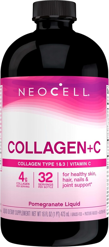 NeoCell Collageen Peptiden + Vitamine C Vloeistof, 4g Collageen per portie, Glutenvrij, Types 1 & 3, bevordert gezonde huid, haar, nagels en gezamenlijke ondersteuning, Granaatappel, 16 Oz