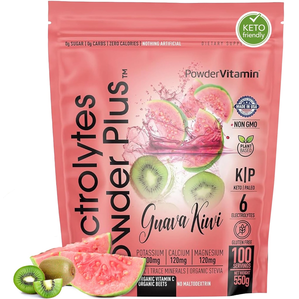 PoederVitamine Elektrolyten Poeder Plus (100 porties) Guava Kiwi Electrolyte Poeder, Zero Calorie, Keto, 0 Suiker, Geen Maltodextrine, 1000 mg Kalium, 120 mg Calcium, 120 mg Magnesium, Hydratatiepoeder
