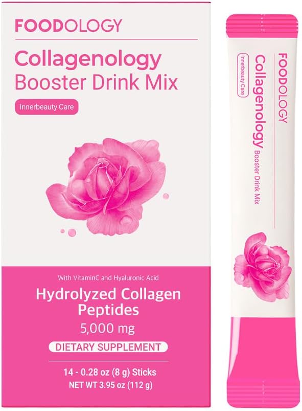 FOODOLOGY Collagenology Booster Drink Mix (pakket van 1, 14 dagen) - Huidelasticiteit, Collageen Synthese, Hydratatie. Gehydrolyseerde Peptiden, Biotine, Vitaminen.