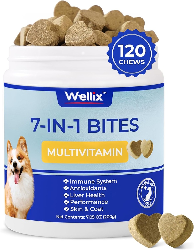 Wellix Hond Vitaminen en Supplementen - Multivitamine Kauwbare Treats voor honden, huid en jas, mobiliteit ondersteuning, hiep & Joint Supplement, immuunsysteem & algehele gezondheid(120 kauwen)