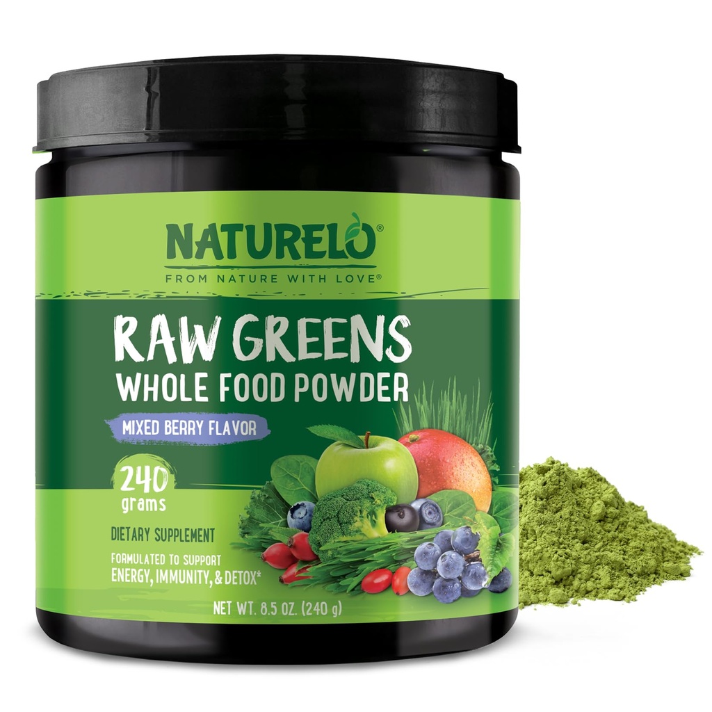 NATURELO Raw Greens Superfood Powder 240 Gram, gemengde Berry - Ondersteunt energie, immuniteit en detox - Inclusief Spirulina, Tarwegras en Biologische Groenen voor Whole Food Nutrition