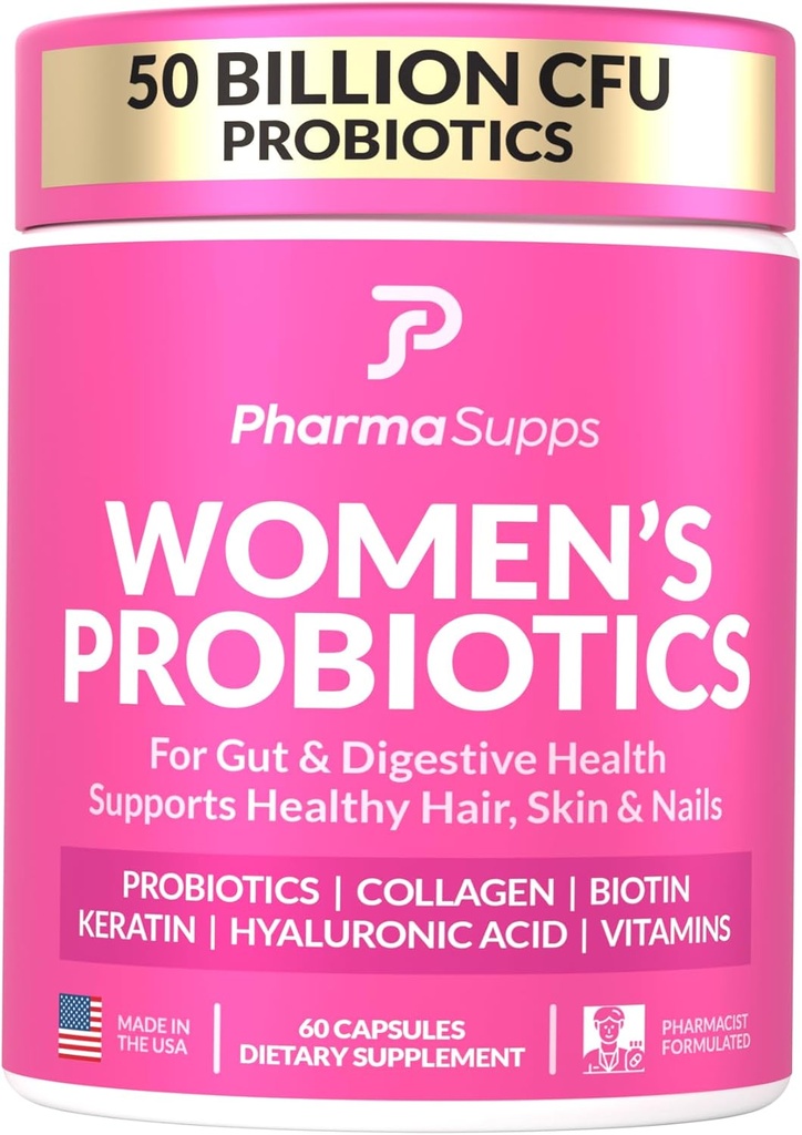Advanced Women's Probiotics for Gut Health with Hair, Skin, & Nails Vitamins Support - 50 Miljard CFU w/Collagen, Biotin & Keratine - Probiotic Supplement for Digestief Health & Bloating Relief.