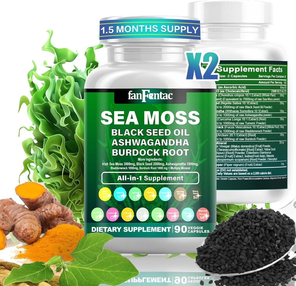 Sea Moss 7000mg - Black Seed Oil 2000mg - Ashwagandha 1000mg - Bladderwrack 1000mg - Turmeric 1000mg - Burdock 1000mg - Vitamin C 90mg - Vitamin D3 1000IU - Multiple Minerals 350mg - 180 Capsules