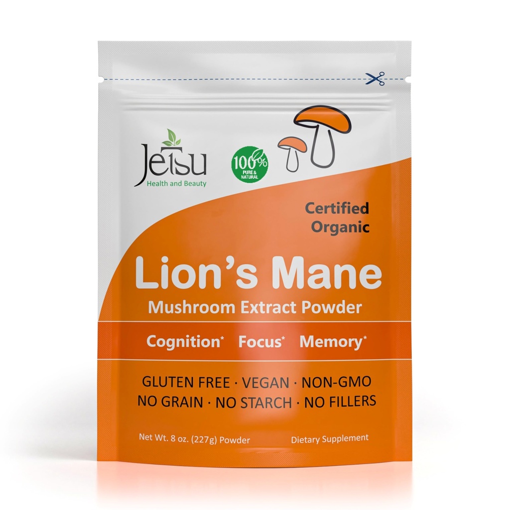 Jetsu Lions Mane Mushroom Powder, Organic, Vegan, Non-GMO Extract Supplement. Nootrope om Brain Health te ondersteunen, Boost Neuron Growth en uw immuunsysteem voor helderheid en focus. (227g)