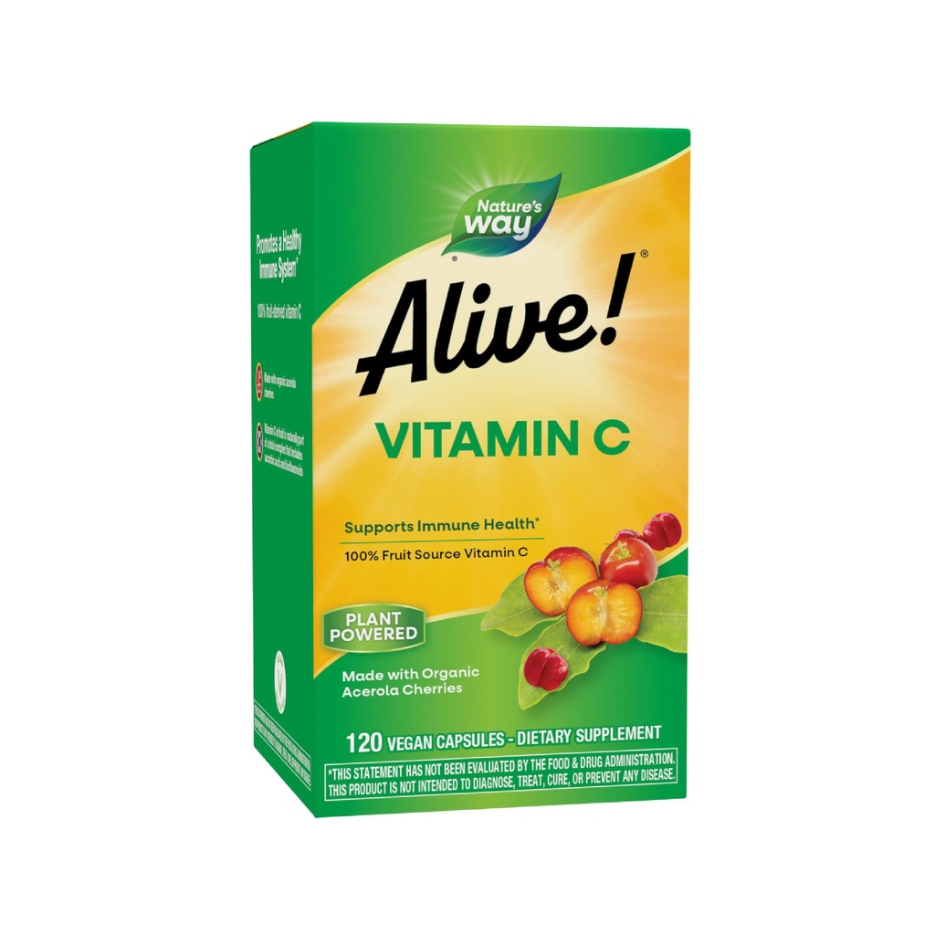 Nature's Way Alive! Vitamine C supplement Gemaakt met biologische Acerola Kersen, Immune Support*, Antioxidant Support*, 100% Fruit Bron Vitamine C, 120 Capsules (Verpakking mei Vary)