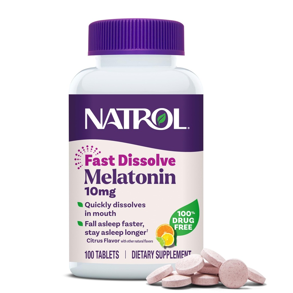 Natrol Snel oplossen Melatonine 10 mg, Melatonine Supplementen voor Rustige Slaap, Slaap Ondersteuning voor volwassenen, 100 Citrus-gearomatiseerde tabletten, Tot een 100 dagen aanbod