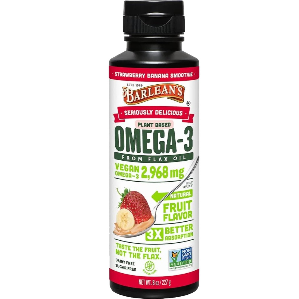 Barlean's Strawberry Banana Vlaszaadolie Vloeistof, Vegan Omega 3 6 9 Supplementen voor kinderen & volwassenen van koud geperste Vlaszaadolie met 2,968 mg Vegan Omega's, Non-GMO & Glutenvrij, 8 oz