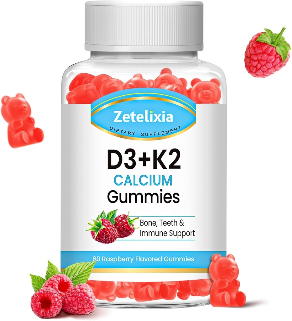 Suikervrije vitamine D3 K2 Gummies, Vitamine D3 2000 IE, K2 (MK7) 120mcg, Calcium 600 mg met Vitamine D3, Ondersteuning B0ne & Immune Health, Veganistan, Glutenvrij, Raspberry Flavor, 60 Tellen