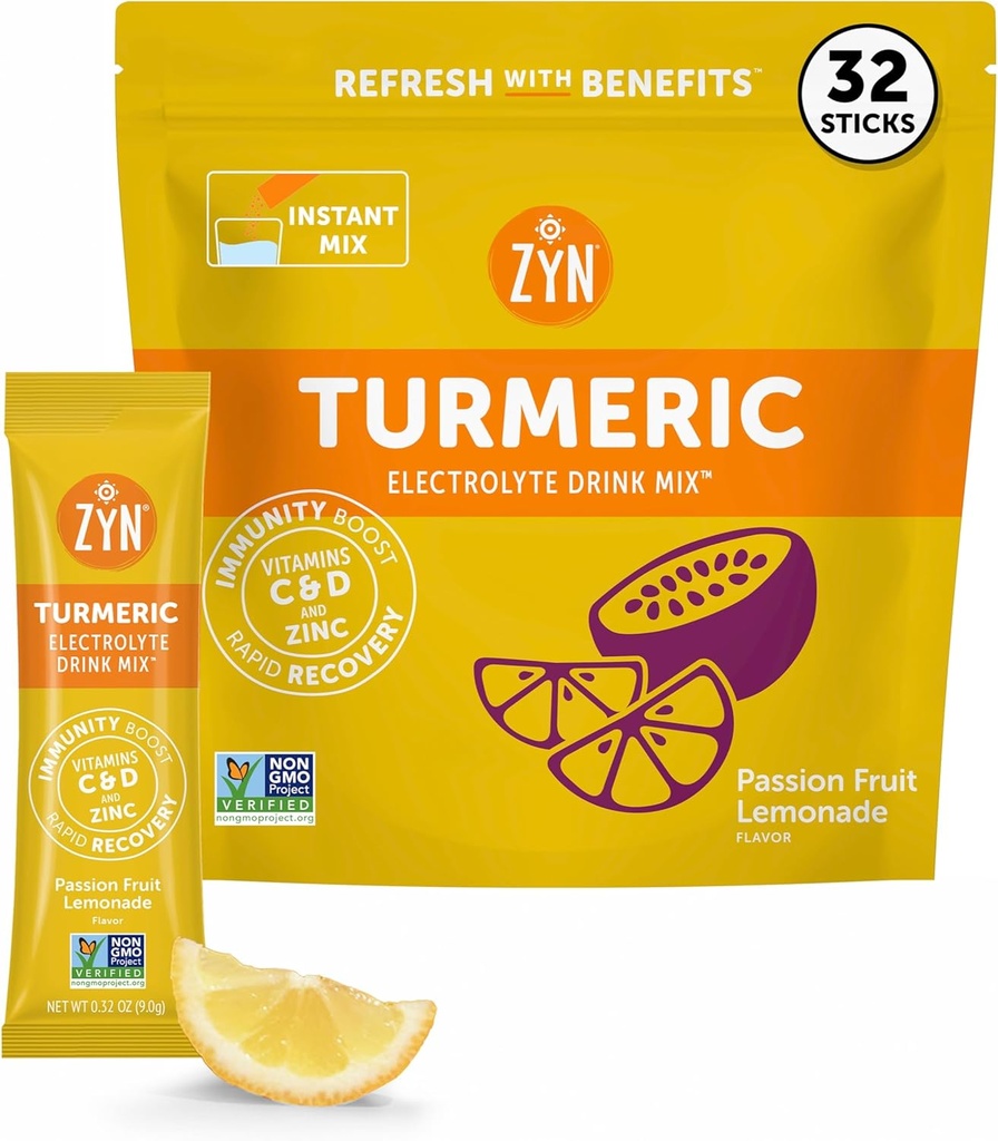 ZYN Electrolyte Drink Mix Hydration Packets, Passion Fruit Electrolytes Poeder, Hydration Packets w/Turmeric Curcumin, Vitamine C & D, Zink, Hydrate & Recover Electrolyte Powder, Verpakking van 32