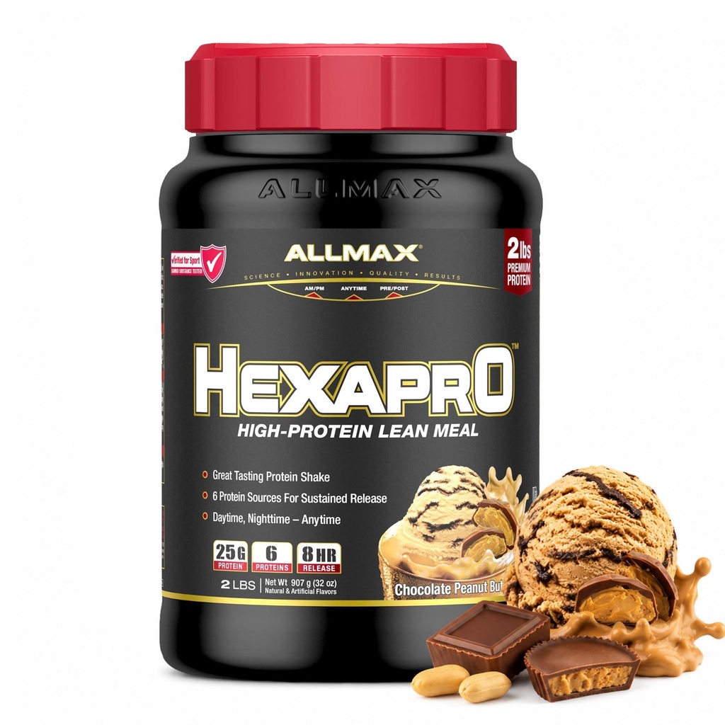 ALLMAX HEXAPRO, Chocolate Peanut Butter - 2 lb - 25 Gram eiwit per portie - 8 uur Sustained Release - Zero Sugar - 21 porties