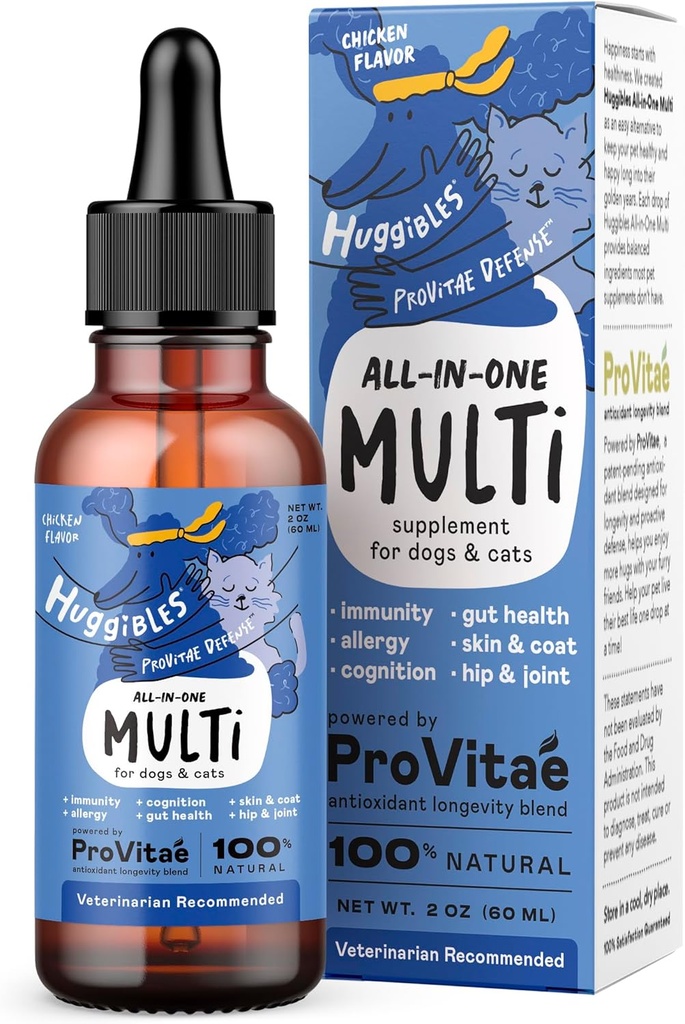 All-in-One Multi Liquid Multivitamine voor honden en katten Dagelijkse Supplement met Digestief, Immuniteit, Allergie & Skin & Coat Ondersteuning, Mobiliteit Ondersteuning, Antioxidant Blend voor Longevity, 2oz