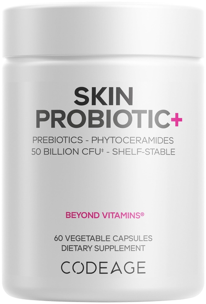Codeage Probiotica van de huid + Prebiotica - Huidverzorging Routine supplement - 50 miljard CFU - Ayurvedische botanische kruiden - Gezicht Probiotica - Plank Stable Cleanser, Non-GMO, Vegan - 60 capsules