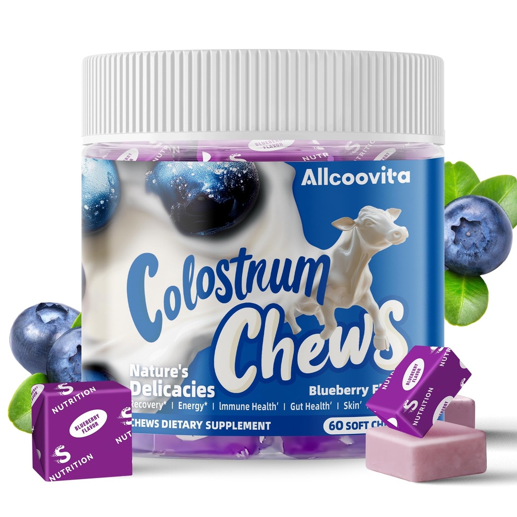 Bovine Colostrum Kauwt Supplement met probiotica voor Gut Health, Bloating, Immune Support, Huid, Haargroei en Schoonheid - Blueberry Flavor (60 Servers)
