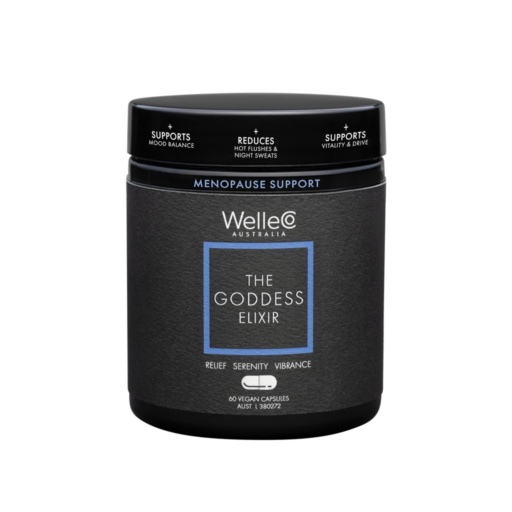 WelleCo De Godin Elixir, Menopauze Supplement voor vrouwen met Vitex, rode klaver & B vitamines, Ondersteunt Hormone Balance, Nacht Sweats & Hot Flashes Relief, 60 Capsules
