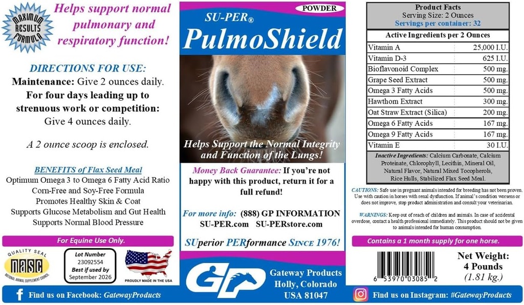 SU-PER PulmoShield Horse Respiratory Supplement - Supports Healthy Lung Function in Horses - Normal Pulmonary & Respiratory Support - Horse Vitamins & Minerals - 4 Pound, (2 Pack)