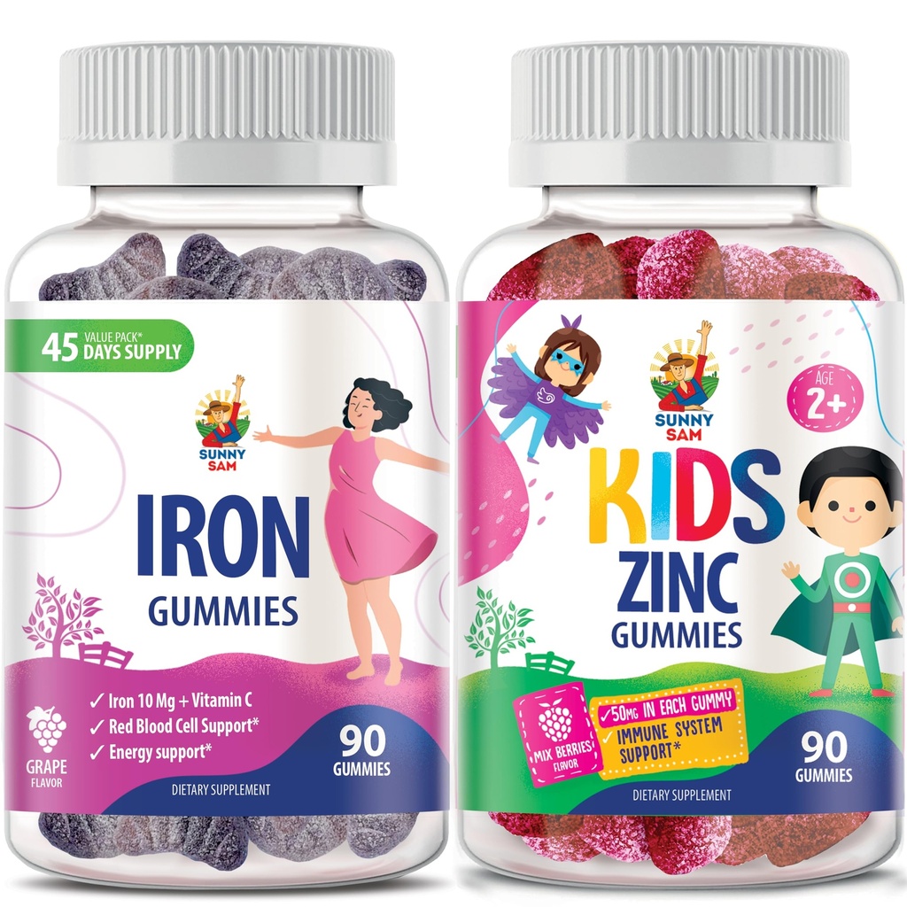 SUNNY SAM Zink Gummies voor kinderen & Iron Gummies voor volwassenen, Iron Vitamins met vitamine C