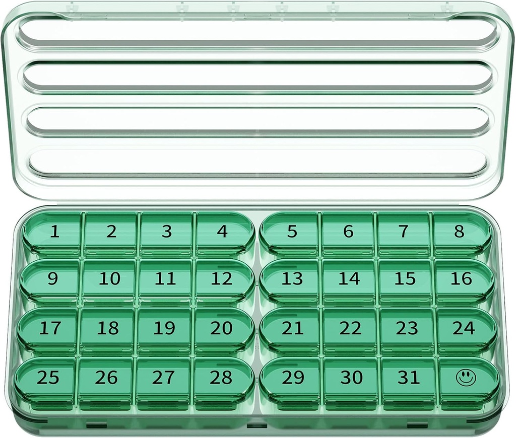 Zoksi maandelijkse pil Organizer 1 keer per dag, 30 dagen pil Box Organizer Eenmaal per dag, een maand grote pil geval voor reizen, 31 dagen dagelijkse medicatie container voor vitaminen, supplement & medicatie (Olive)