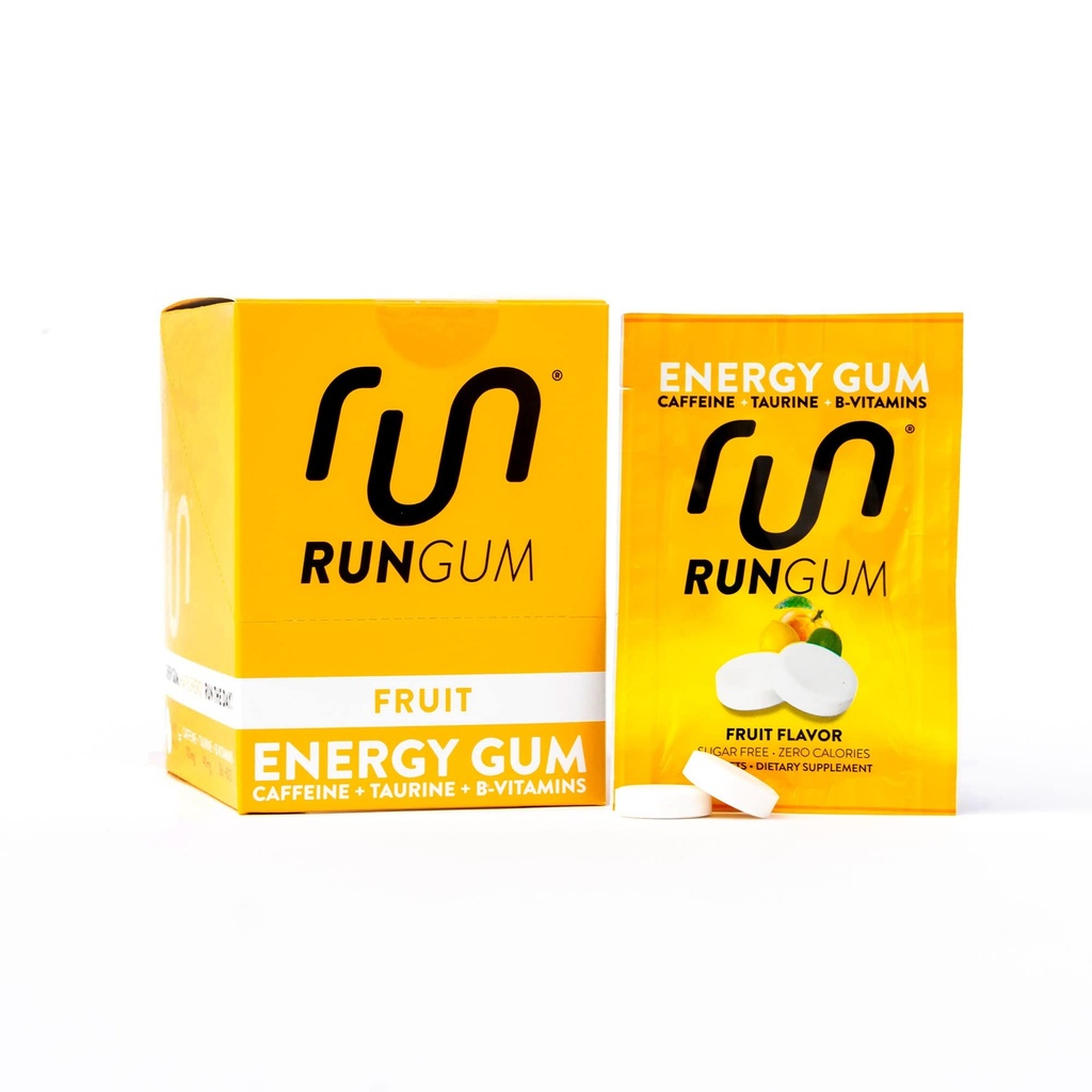 RUN GUM Fruit Energie Kauwgom 50mg Cafeïne Taurine & B-Vitaminen per stuk, 24 stuks (verpakking van 12) Suikervrij, Zero Calorie, Geen Aspartaam, en Glutenvrij