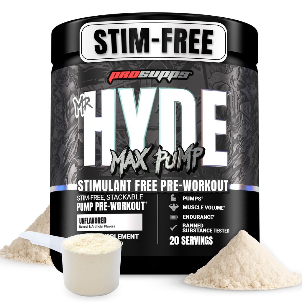 PROSUPPS De heer Hyde Max Pump Pre Workout Powder - Stim-Free Preworkout Ondersteunt de bloedstroom, spiervolume & endurance - Cafeine-Free Nitric Oxidation Gym & Fitness Supplementen (Unflavored, 20 Servers)