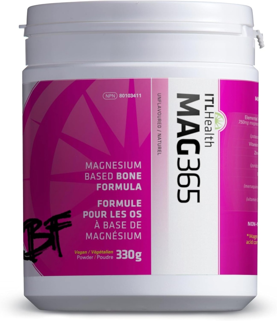 MAG365 ITL Health BF Bone Support, Ionische Magnesium Citroen, Zink, Vitamine C, Vitamine B6, Vitamine D3, Vitamine K2, Boron, Kalium, Natuurlijke, Poeder, 1 Pack, 330gram
