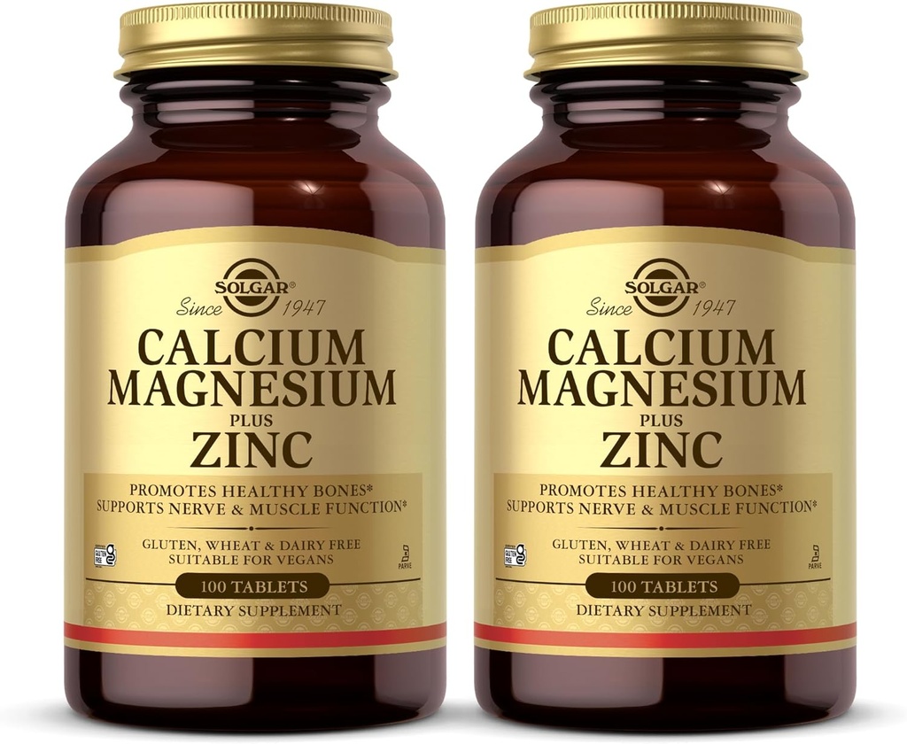 Solgar Calcium Magnesium Plus Zink, 100 tabletten (verpakking 2) - Bevordert gezonde botten en tanden - Ondersteunt zenuw- en spierfunctie - Niet-GMO, Veganistisch, Glutenvrij, Zuivelvrij, Kosjer - 66 Totaal