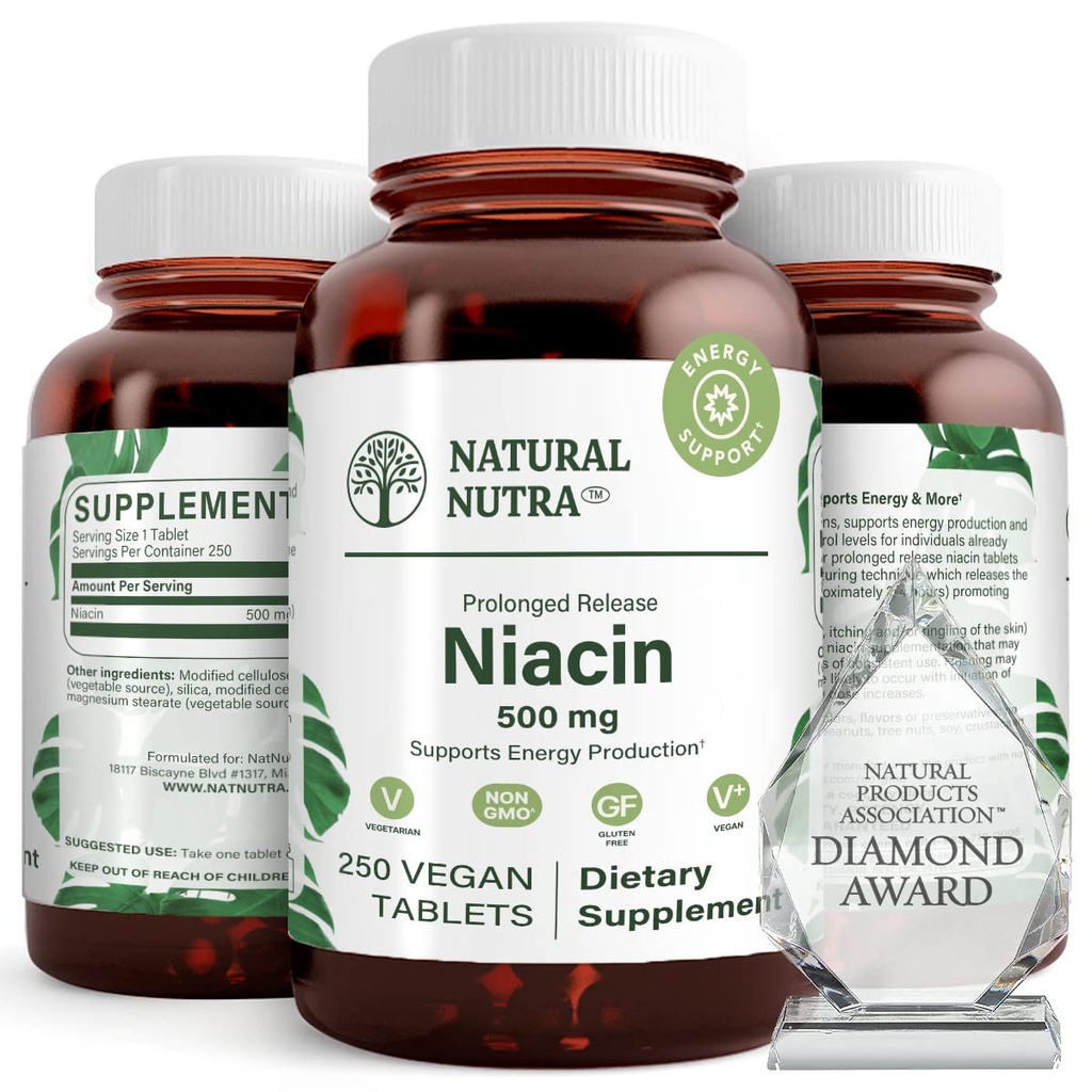 Natuurlijke Nutra Time-Release Slow Niacin 500mg (Vitamine B3), ondersteuning gezonde cholesterol, bevordert cardiovasculaire gezondheid, bevordert huidcellen en verbeteren cognitieve functie, 250 Vegan tabletten