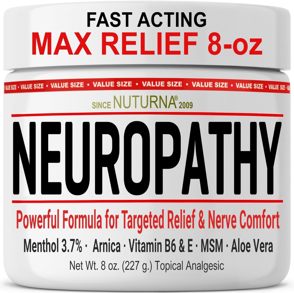 Neuropathie Nerve Relief Cream - snelle acting Max Relief voor voeten handen Benen tenen terug - Ultra kracht Menthol Arnica Aloë Vera MSM, kalmerende natuurlijke zenuw Comfort Relief, Super Large 8 oz