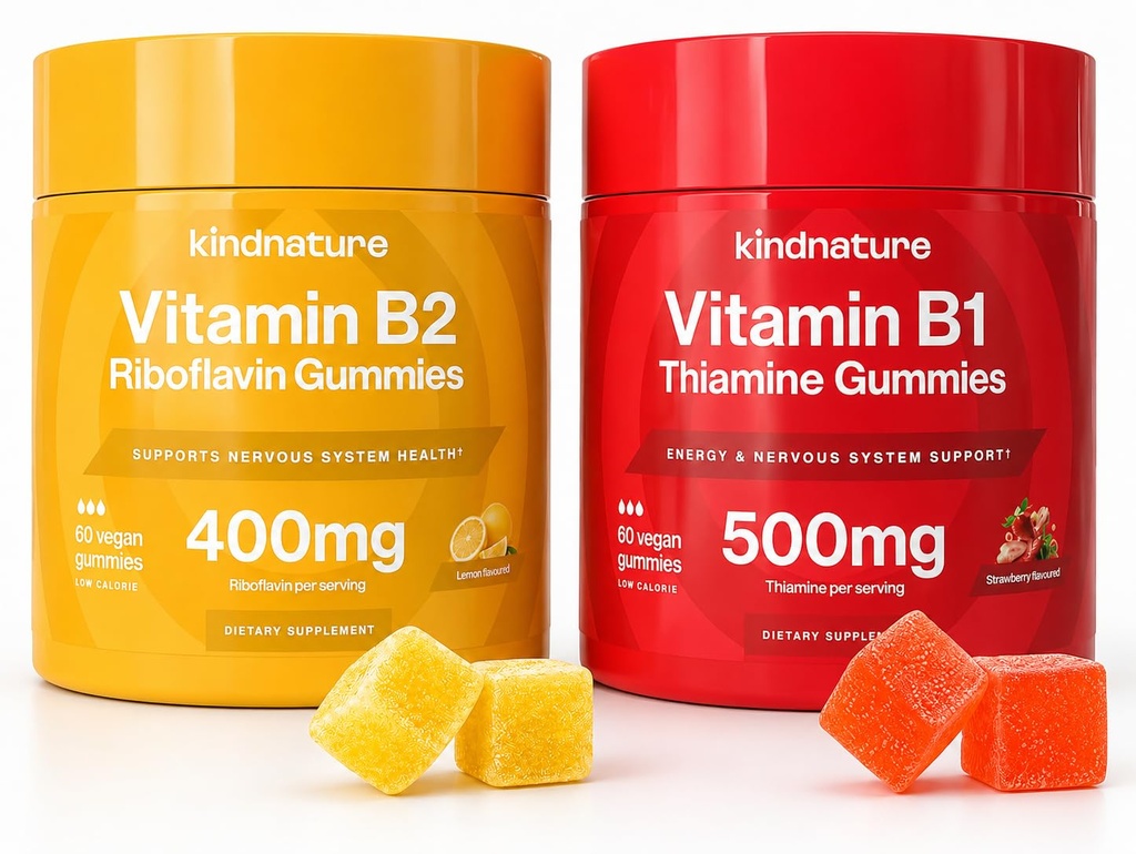 kind natuur B-Vitamine Boost: B1 Thiamine 500mg & B2 Riboflavine 400mg Gummy Duo voor kinderen & volwassenen