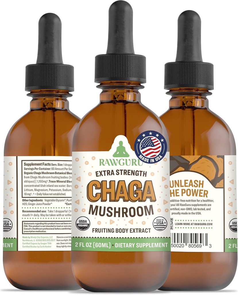 RawGuru Chaga paddosupplement - Vegan Chaga paddoextract met sporenmineralen - Nano-Processed Immunity Boost & Cognitive Supplement Tinctuur - 60 porties Vegan Drops per 60 ml, Verpakking van 1