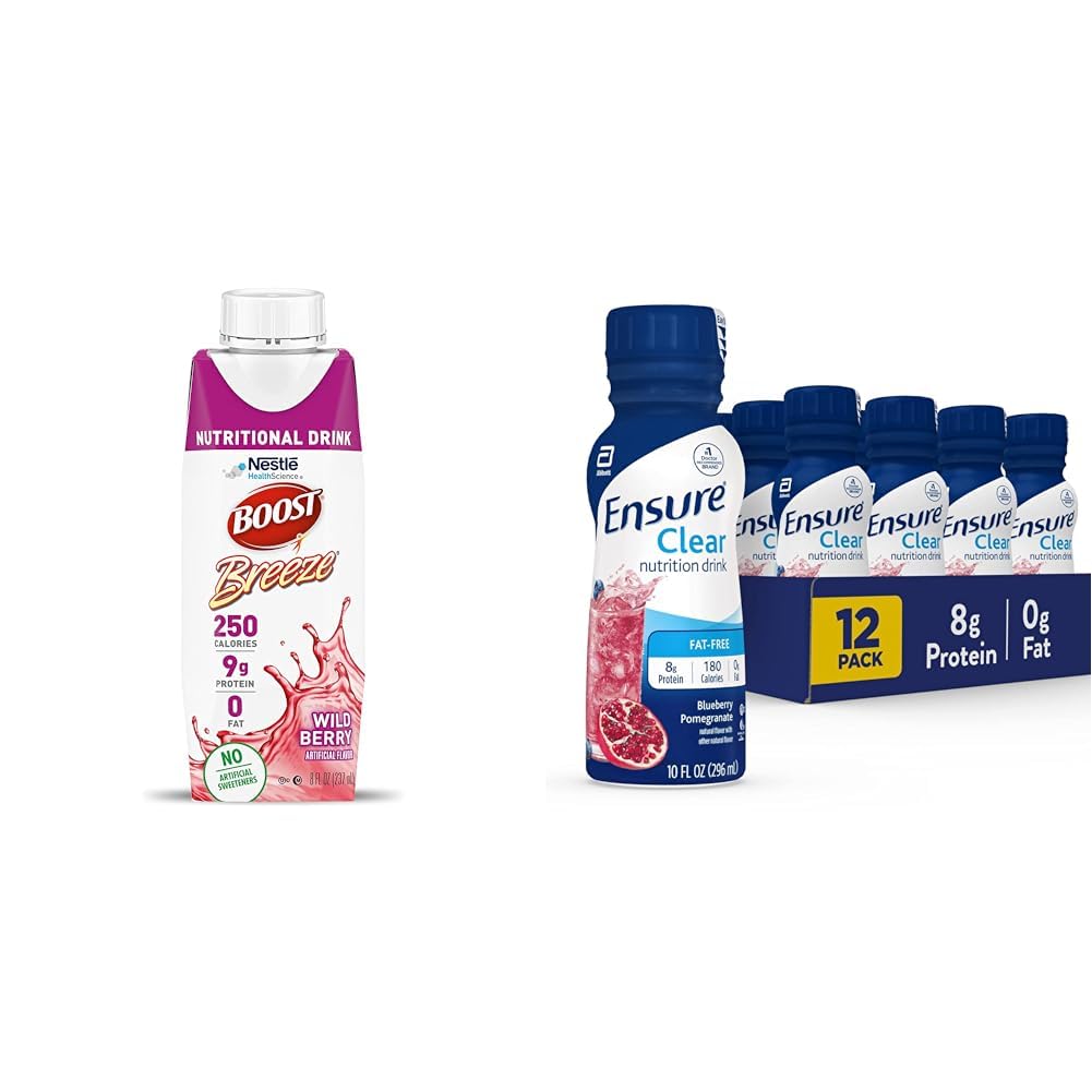 BOOST Breeze Clear Nutritional Drink, 9g Proteïne, 250 Nutrient-Rich Calorieën, Wild Berry, 8 fl oz & Zorg vloeibaar heldere voeding Drank, 0g vet, 8g eiwit, Blueberry Granaatappel, 10 Fl Oz