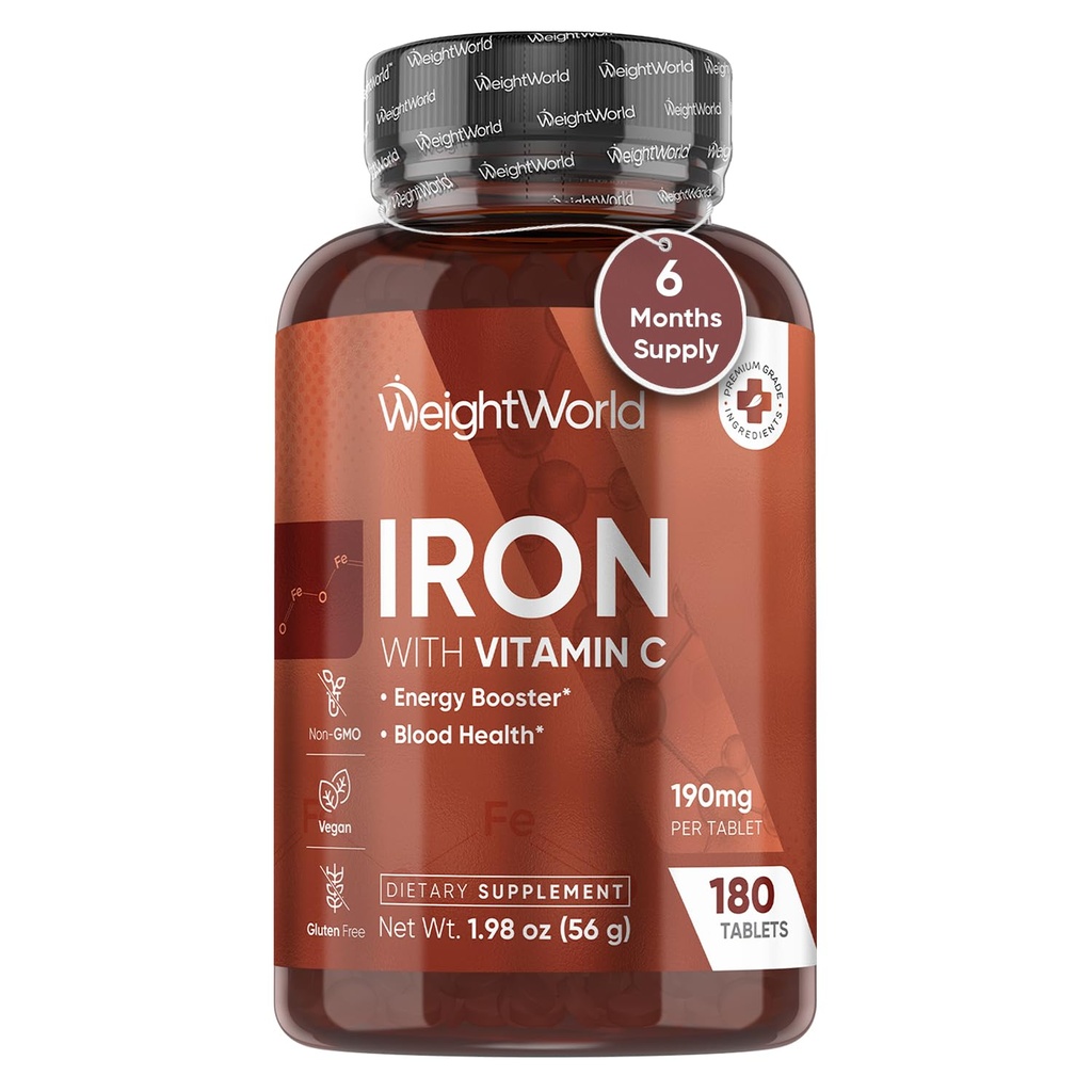 WeightWorld Iron Supplement 65mg - with Vitamin C 125mg - 180 Vegan Tablets (6 maanden supply) - Voorzichtig Carbonyl Iron Supplement for Women & Men - Energy Booster & Blood Heath - Non-GMO & Gluten-Free