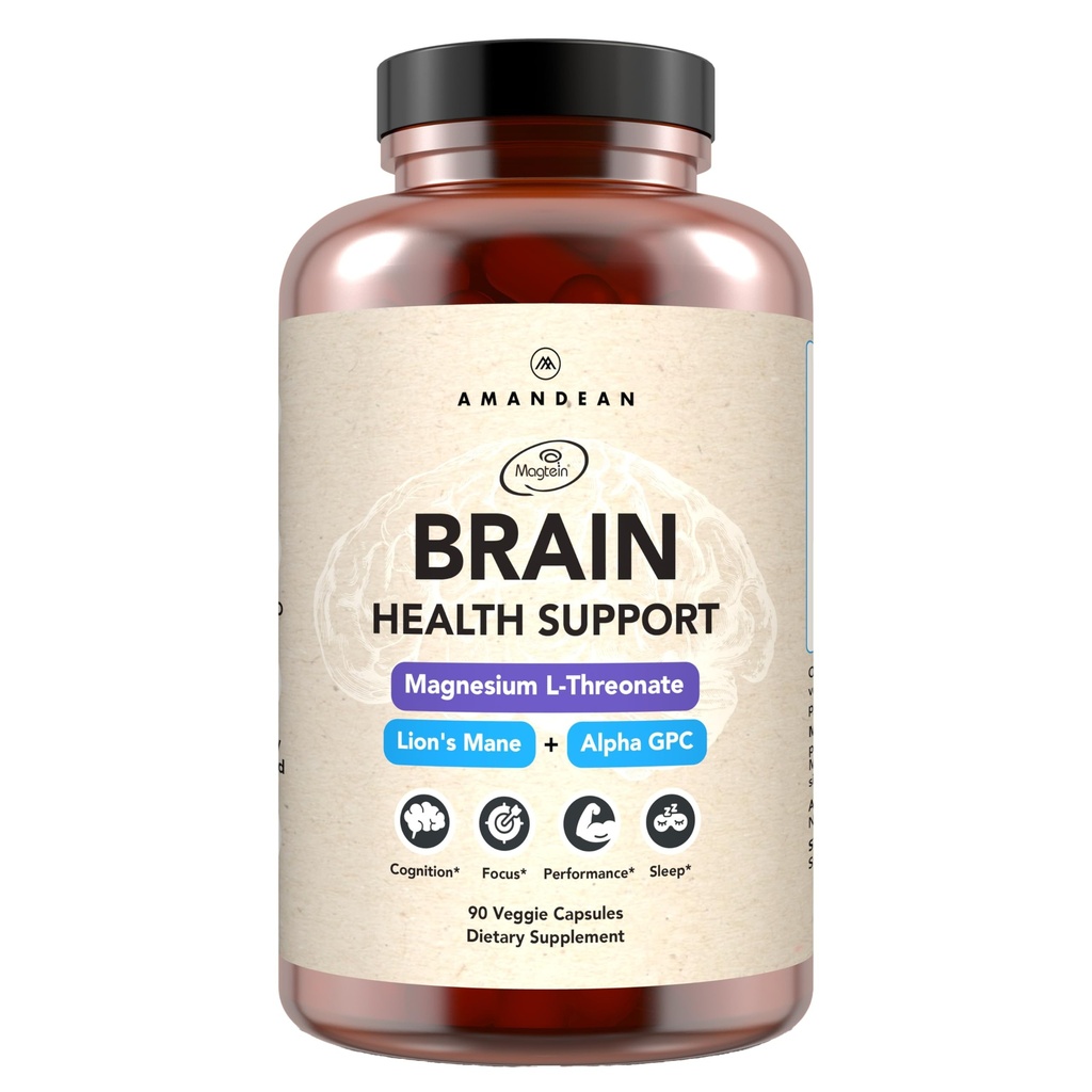 AMANDEAN Brain Supplement. Nootrope Cognitive Support for Memory, Focus, Clarity. Magnesium L-Threonate (Magtein), Lion's Mane Mushroom Extract, Alpha GPC Choline Complex. 90 Veggie Capsules.