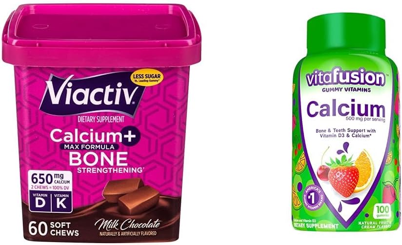 Viactiv Calcium Kauwen 60 Tellen & vitafusion Calcium Gummy Vitaminen 100 Tellen - Calcium Supplementen voor bot & tanden Ondersteuning