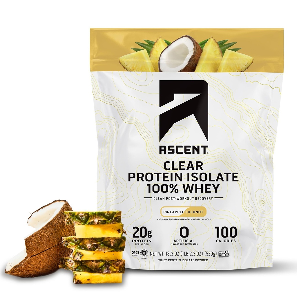 Ascent 100% Clear Whey Proteine Powder - Post Workout Wei Proteïne Isolaat, Zero Artificial Flavors & Sweteners, Glutenvrij, 5.5g BCAA, 2.1g Leucine, Essentiële Aminozuren, Ananas Coconut, 20 Serv