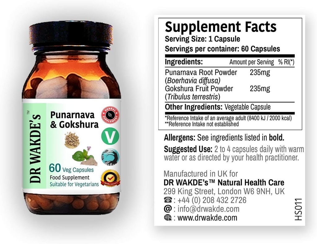DR WAKDE's Punarnava & Gokshura Capsules (60 Veg Caps, Promotes Healthy Urinary Flush, Ayurvedic Supplement, Vegan, Herbal, All Natural, Made in UK)