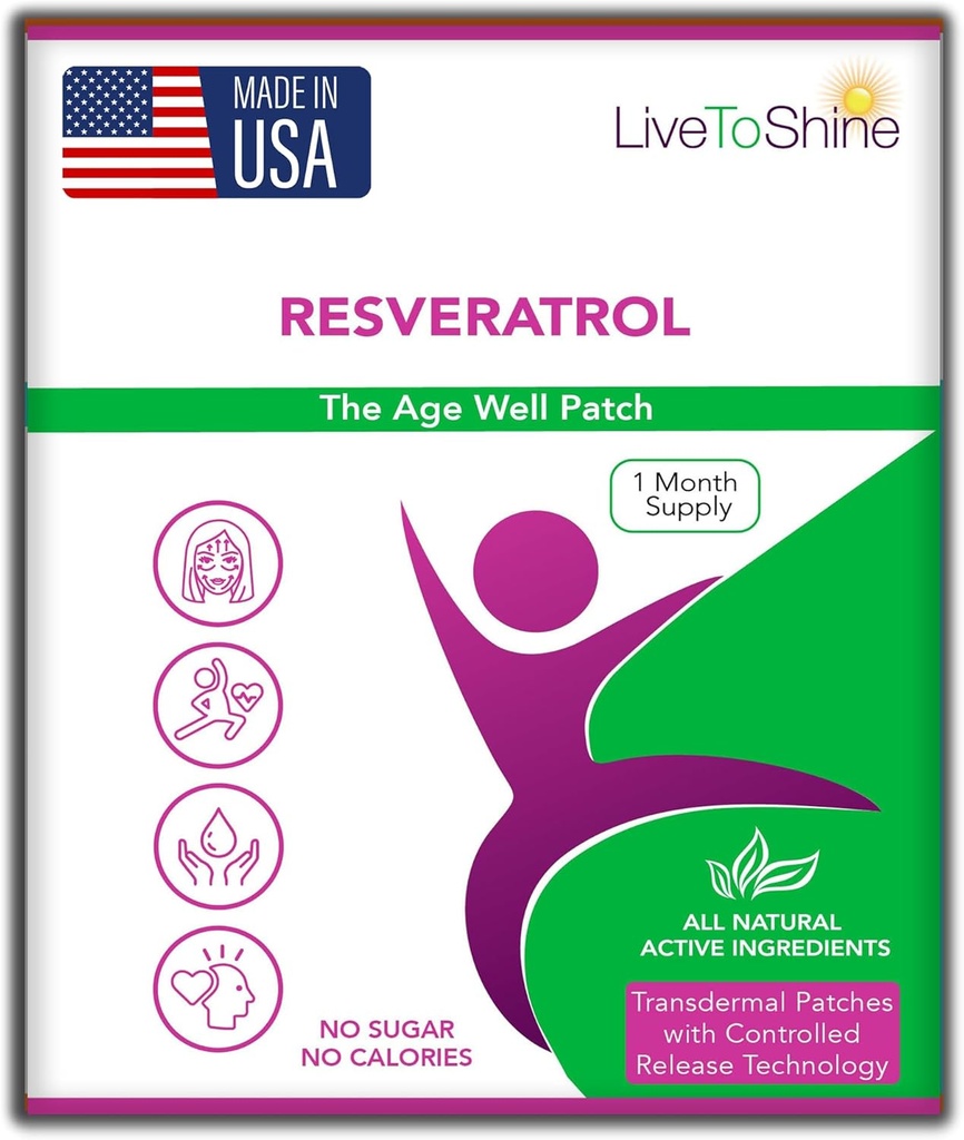 Live naar Shine Resveratrol Patch - Transdermal Topical Plant-Based Antioxidant Ondersteuning voor gezonde veroudering en Wellness - 30 Patches voor vrouwen en mannen - USA Made