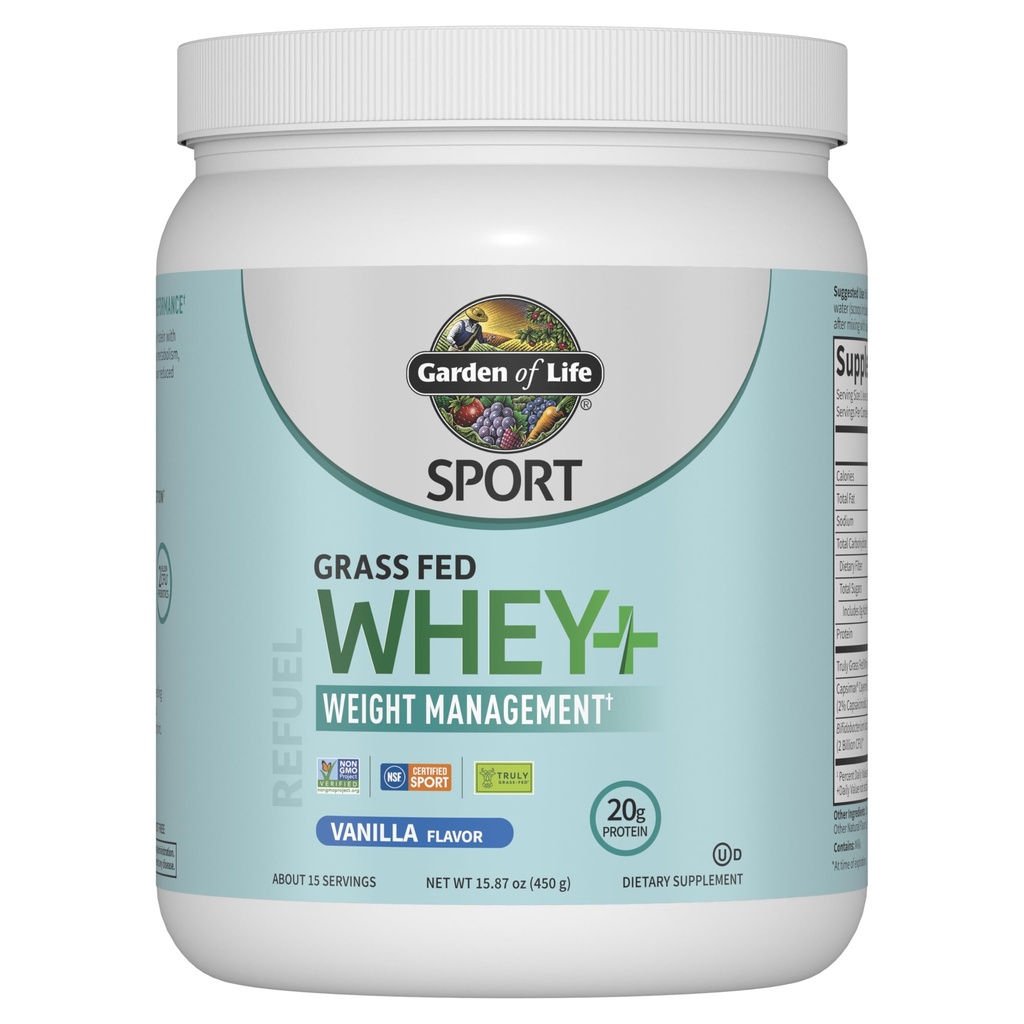 Garden of Life Sport Whey Plus Weight Management met Amino Energy - 20 g Grass Fed Protein Isolaat voor vrouwen en mannen - Vanille Poeder - met Capsimax, 2 miljard CFU Probiotica, ongeveer 15 porties