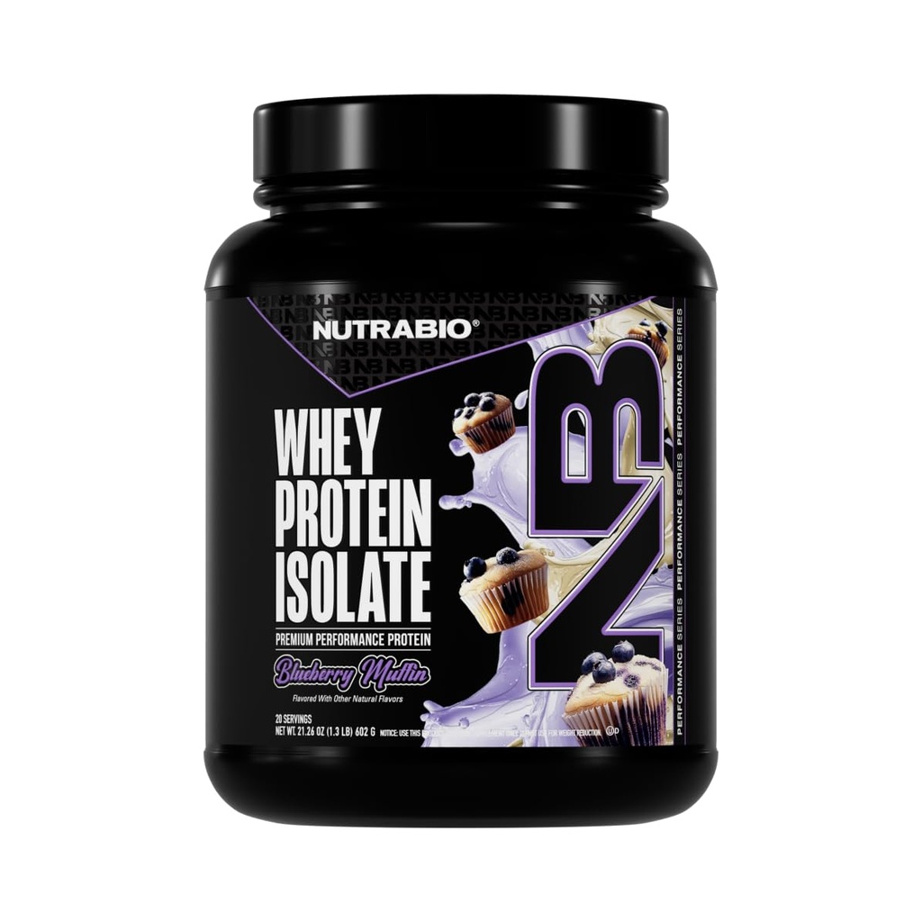 NutraBio 100% Wei Proteïne Isolaat Proteïne Poeder, 25g Proteïne met Compleet Aminozuur Profiel, Non-GMO, Soja & Gluten Vrij, Low Carb, Lage Calorie Wei Proteïne Poeder, Blueberry Muffin, 2 Lbs