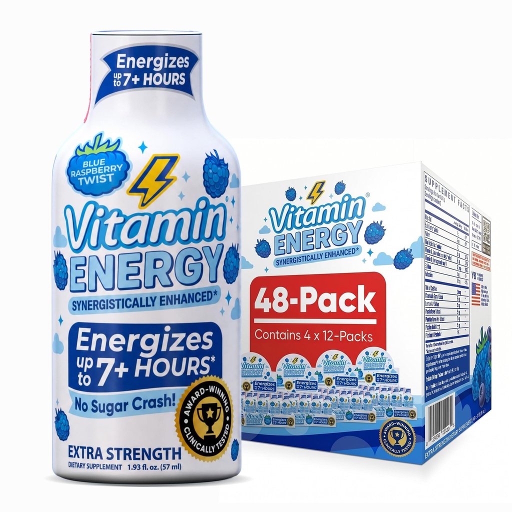 Vitamine Energie Immune+ Extra sterkte Energie Shot Blauw Raspberry 48 Pack, 260mg Natuurlijke Cafeïne, B-Vitaminen, Citicoline, Groene Thee, Immuniteit & Focus Ondersteuning, Zero Sugar, Glutenvrije 1,93 fl oz