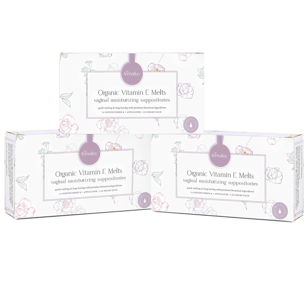 Femallay Biologische Vitamine E Vaginale Melts - 3 Pack - Relief for Menopauze Dryness & Irritation - 14 Count + Applicator