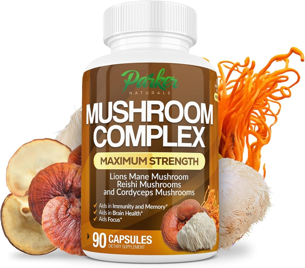 Parker Naturals Mushroom Complex Capsules, Premium Lions Mane, Cordyceps, en Reishi Mushroom Supplement, Maximale sterkte Biologische Paddenstoelen Supplement, 90 Capsules