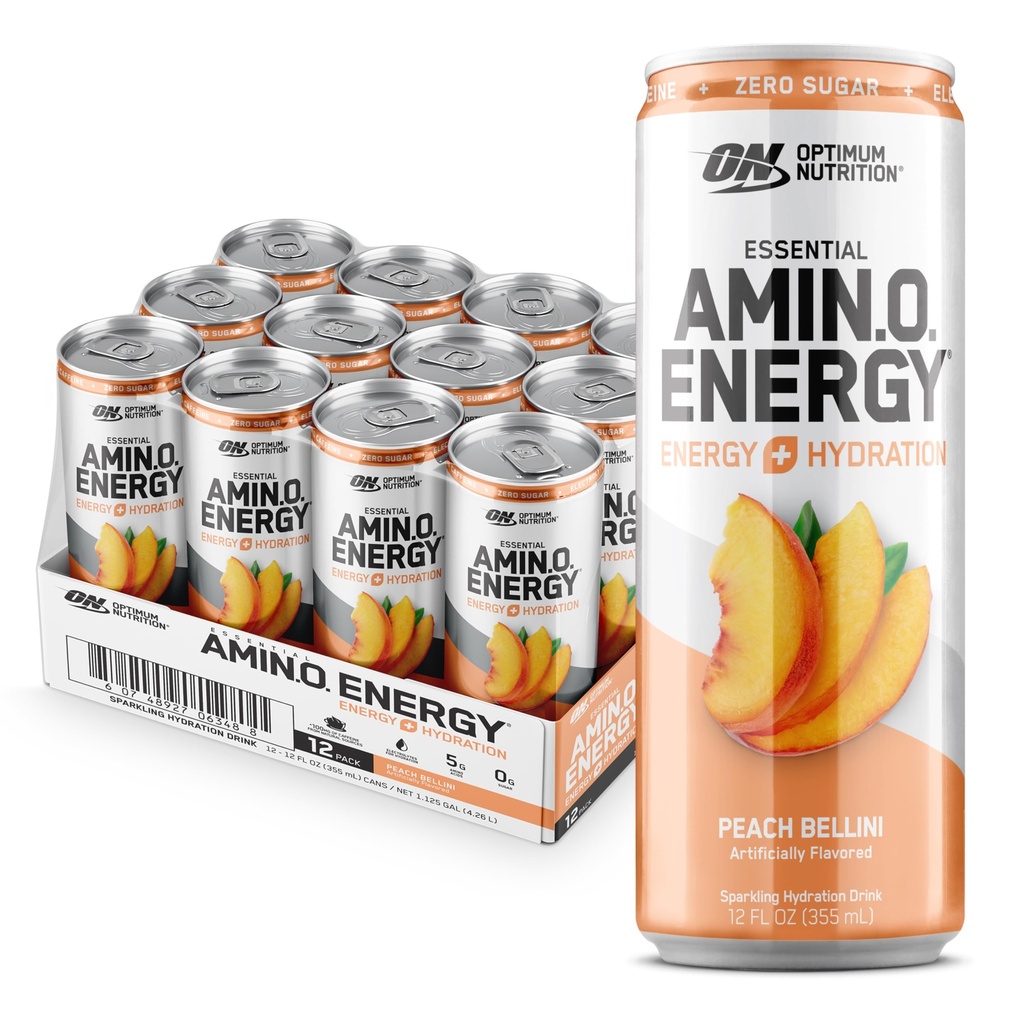 Optimale voeding Amino Energie Sparkling Hydration Drink, Elektrolyten, Cafeïne, Aminozuren, BCAA's, Suikervrij, Peach Bellini, 12 Fl Oz, 12 Pack (Verpakking mei Vary)