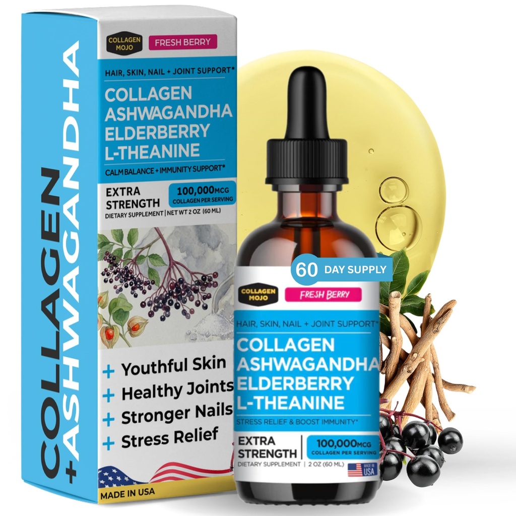 Collageen Mojo - Liquid Collageen for Women & Men, Collageen Peptides with Ashwagandha, Elderberry & L-Theanine - Hair, Skin, Nails, Joint & Stress Support, High Absorptie - 100.000mcg, 2 Oz