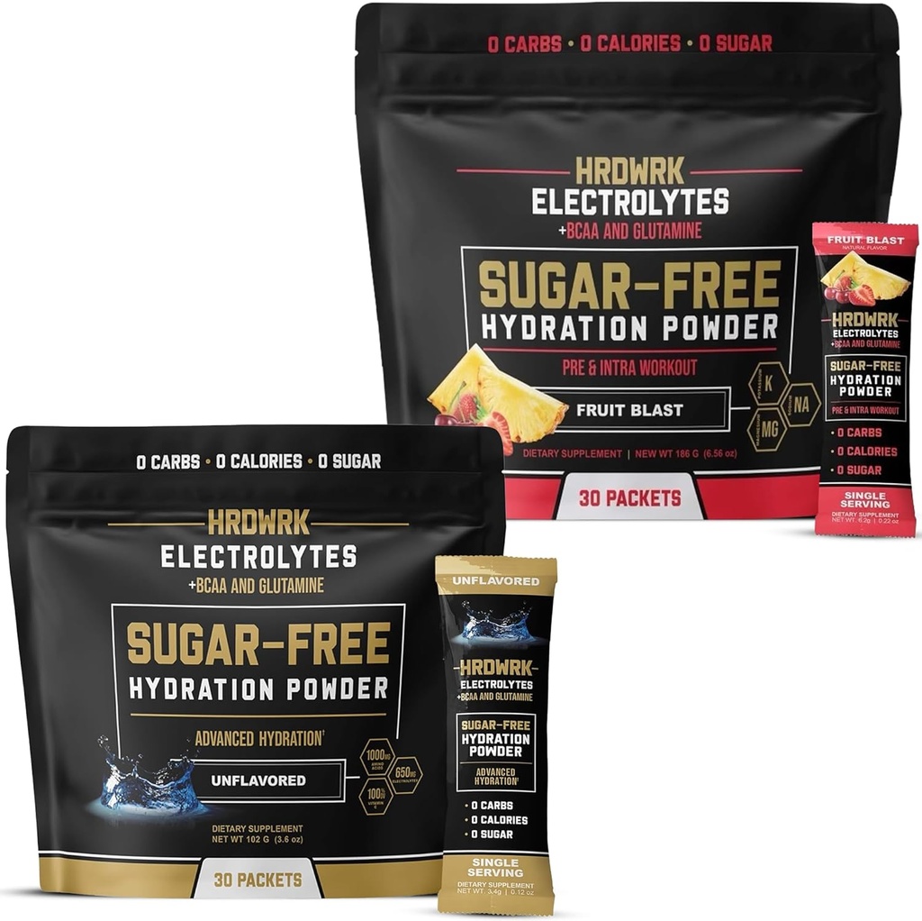 HRDWRK Electrolyte Packets for Hydration Variety Bundle with Magnesium, Kalium Natrium, BCAA's and Glutamine, 